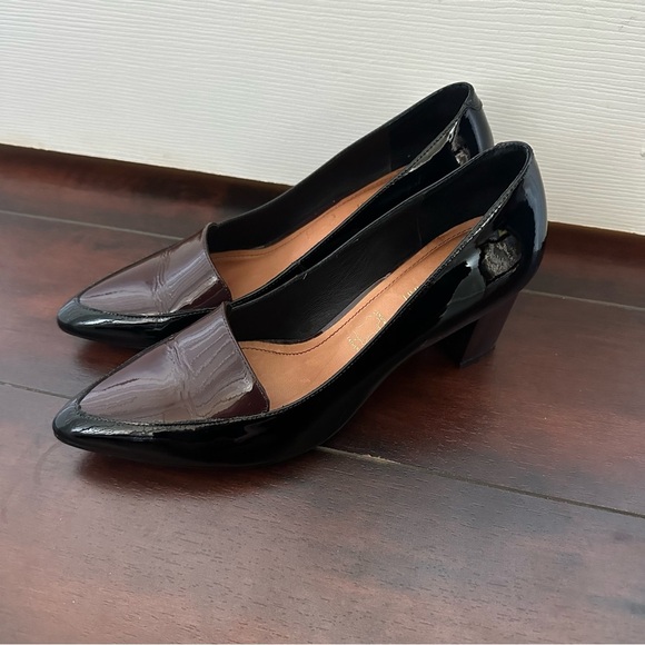 Size 8 Capelli Rossi Patent Leather Black and Burgundy Thick Chunky Heel Pump - Picture 1 of 10